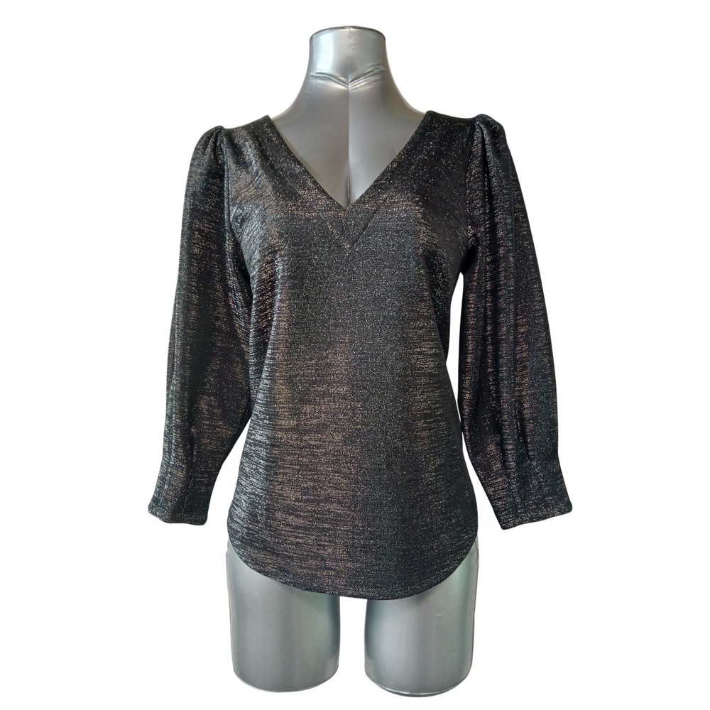 RO & DE Womens Black Silver Metallic V-Neck Puff Sleeve Shimmer Top Sz S